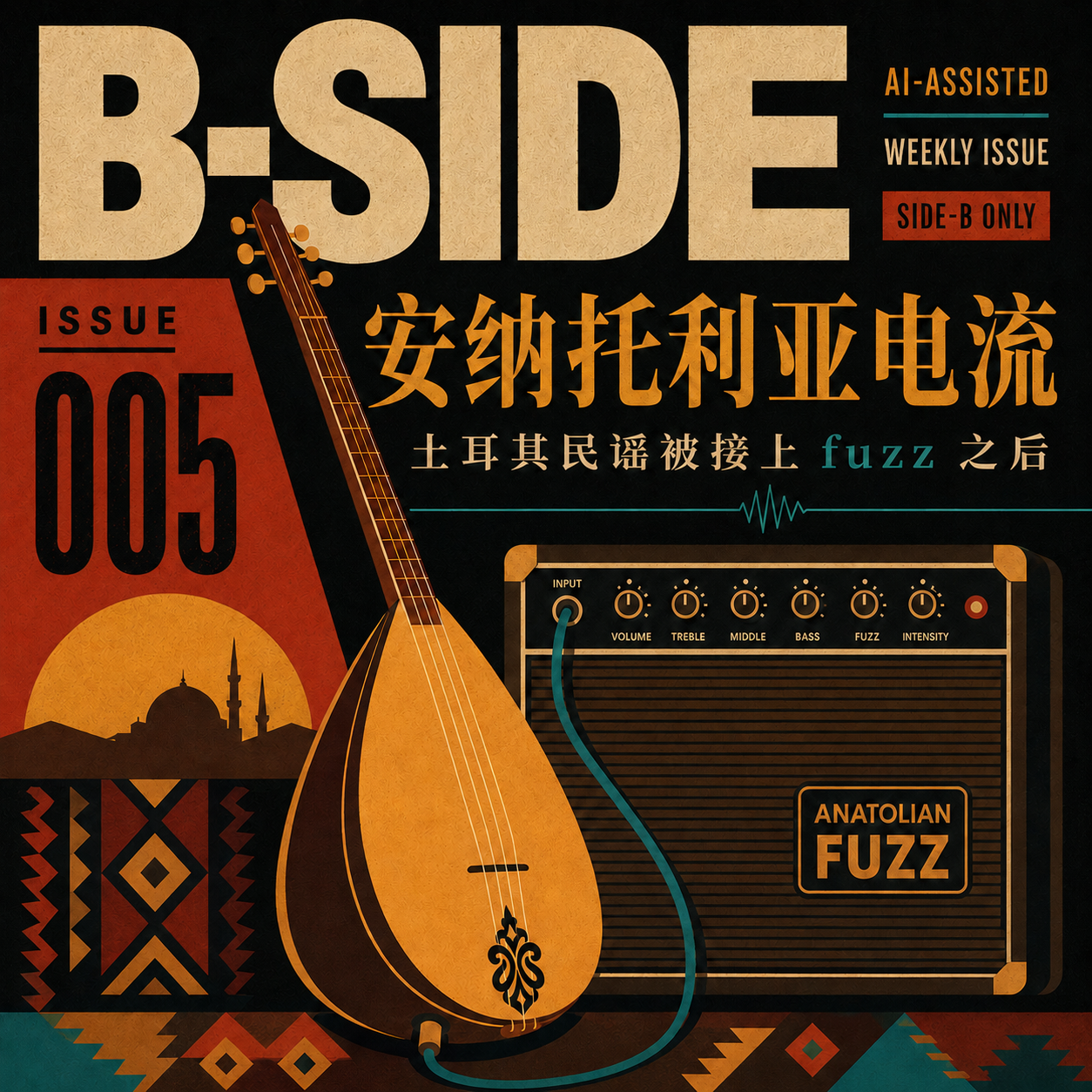 B-SIDE Issue 005 安纳托利亚电流封面：saz 接入 fuzz 音箱，黑色背景上有土耳其地毯纹样和红金青绿配色