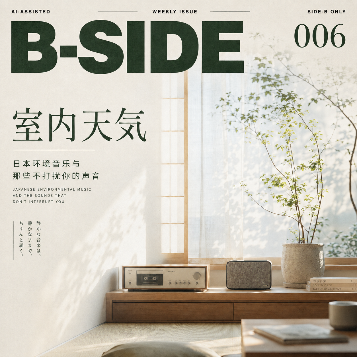 B-SIDE Issue 006 室内天气封面：室内窗光、植物、音响和日本环境音乐文字设计