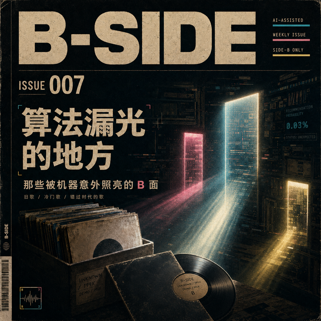 B-SIDE Issue 007 算法漏光的地方封面：黑暗唱片店里发光的数据门、旧唱片箱和 demo CD