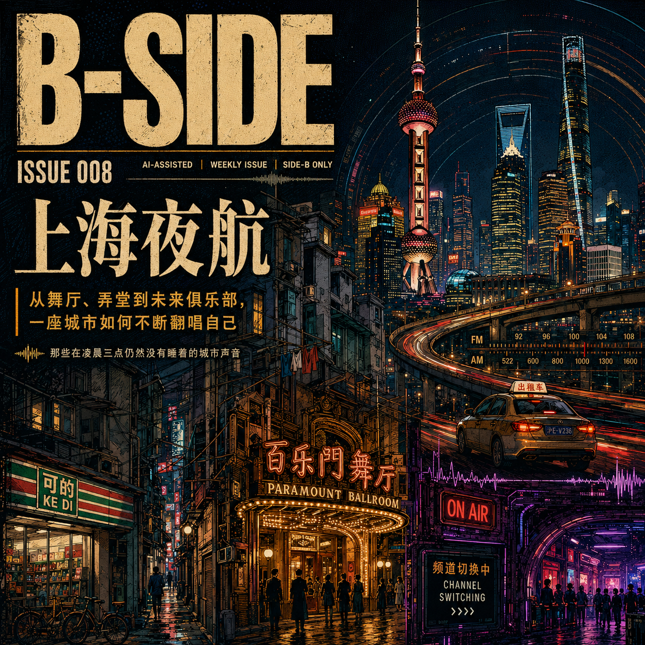 B-SIDE Issue 008 上海夜航封面：上海夜景、百乐门、高架出租车与未来俱乐部